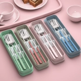 Палочки для еды из нержавеющей стали, ложка, детский портативный комплект, милая посуда для школьников, коробка для хранения, 3 предмета