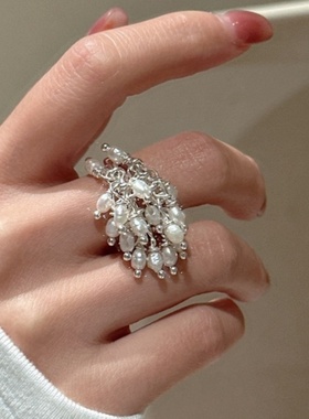 纯银流苏珍珠戒指女设计感