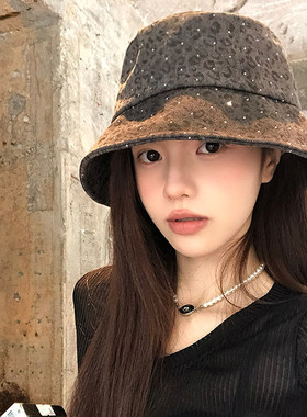 韩版水钻豹纹渔夫帽女遮阳防晒