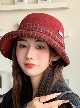 秋冬赫本风毛呢格子渔夫帽女保暖