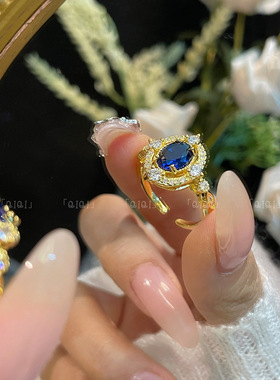 法式复古宫廷风别致斯里兰卡蓝宝石镶嵌戒指华丽精致高级叠戴指戒