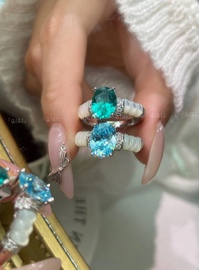 轻奢精致天然白贝戒指女麻花复古中古风海蓝宝石开口指戒高级感