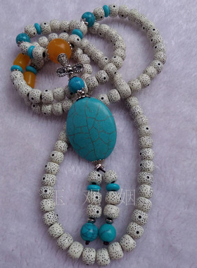 长款民族风绿松石星月菩提毛衣链