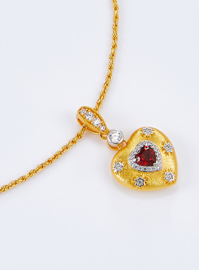 925银天然石榴石爱心项链手工拉丝轻奢设计镀18K金吊坠质感礼物女