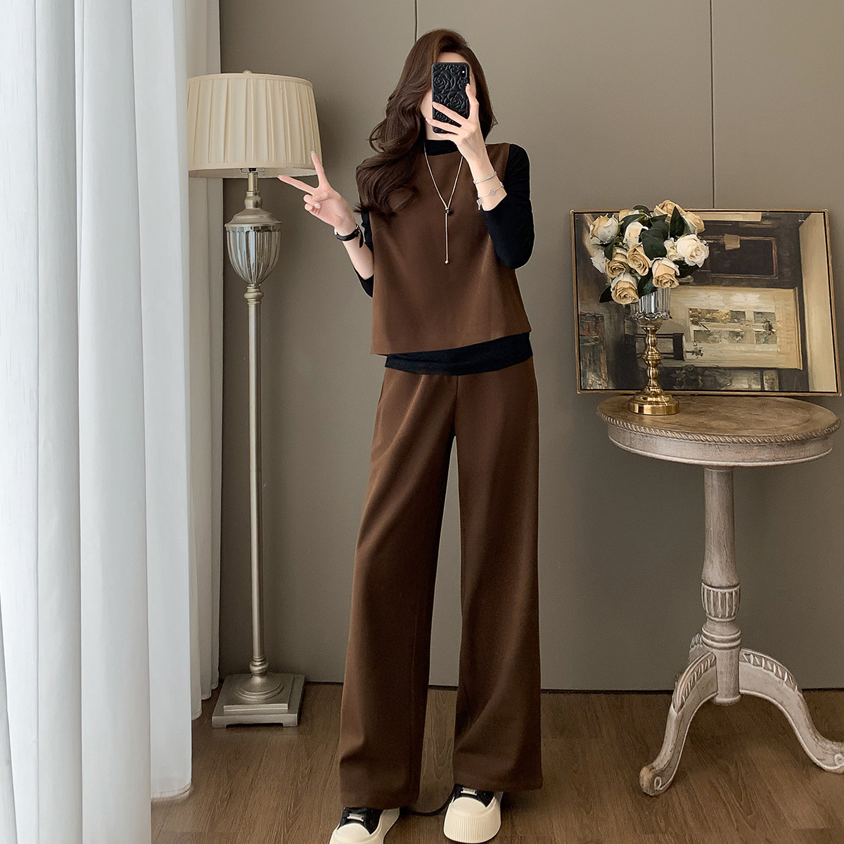 咖色复古休闲套装女秋冬季一整套穿搭高级感毛呢马甲阔腿裤三件套,淘宝优惠券,粉丝福利购,淘宝优惠卷