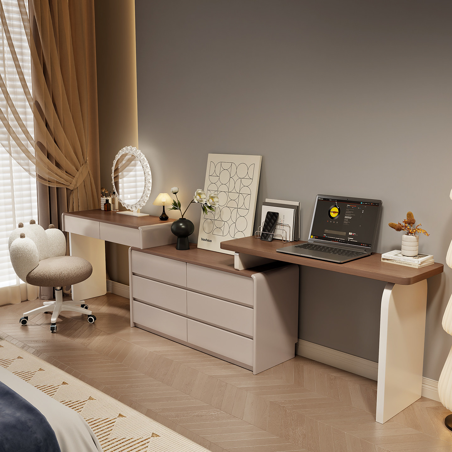 中古奶油风实木烤漆梳妆台斗柜一体化妆桌现代卧室简约储物床尾柜,淘宝优惠券,粉丝福利购,淘宝优惠卷