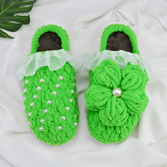 手工编织泡芙花拖鞋网红同款粗毛线钩织家居拖鞋diy材料包花朵