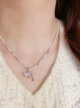 时尚简约镶钻蝴蝶结玻璃珠项链女甜美个性气质优雅百搭锁骨链新款