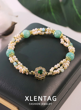 原创天然珍珠天然石中式手链女时尚百搭设计高级感手镯手饰品