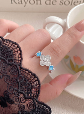 轻奢风锆石蓝色滴油四叶草可调节开口指环戒指女小众高级轻奢食指