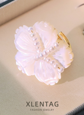 天然珍珠贝壳花朵戒指女简约不掉色时尚指环气质高级感食指戒尾戒