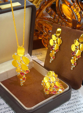 跨境时尚夸张红宝石不规则三件套项链 新娘套装项链戒指耳钉