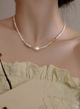巴洛克异形淡水珍珠项链女气质网红母贝拼接锁骨链串珠贝壳颈链
