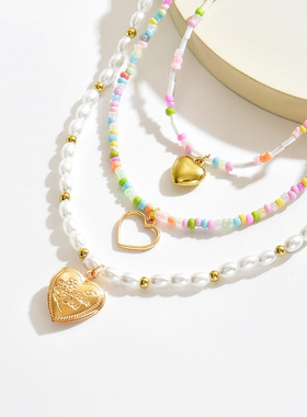 欧美跨境波西米亚爱心吊坠项链时尚多层次感彩色串珠仿珍珠锁骨链