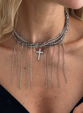 欧美跨境饰品 冷淡风个性十字架流苏项链 甜酷爱心珍珠吊坠锁骨链