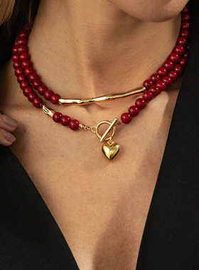 欧美跨境饰品 复古红色亚克力串珠锁骨链 小众高级感爱心OT扣项链