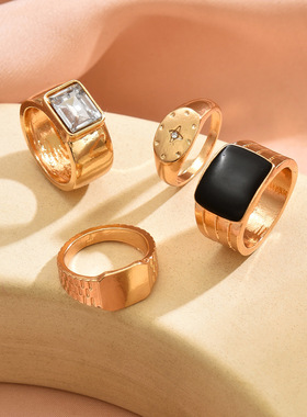 跨境新款八芒星镶钻戒指套装女小众简约镶钻黑色滴油光面金属指环