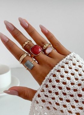 欧美风饰品时尚感镶嵌亚克力戒指套装轻奢风不规则合金音乐节旅游