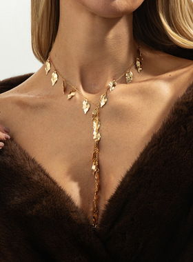 欧美跨境饰品 冷淡风Y形树叶流苏吊坠项链 ins时尚细链锁骨项饰女