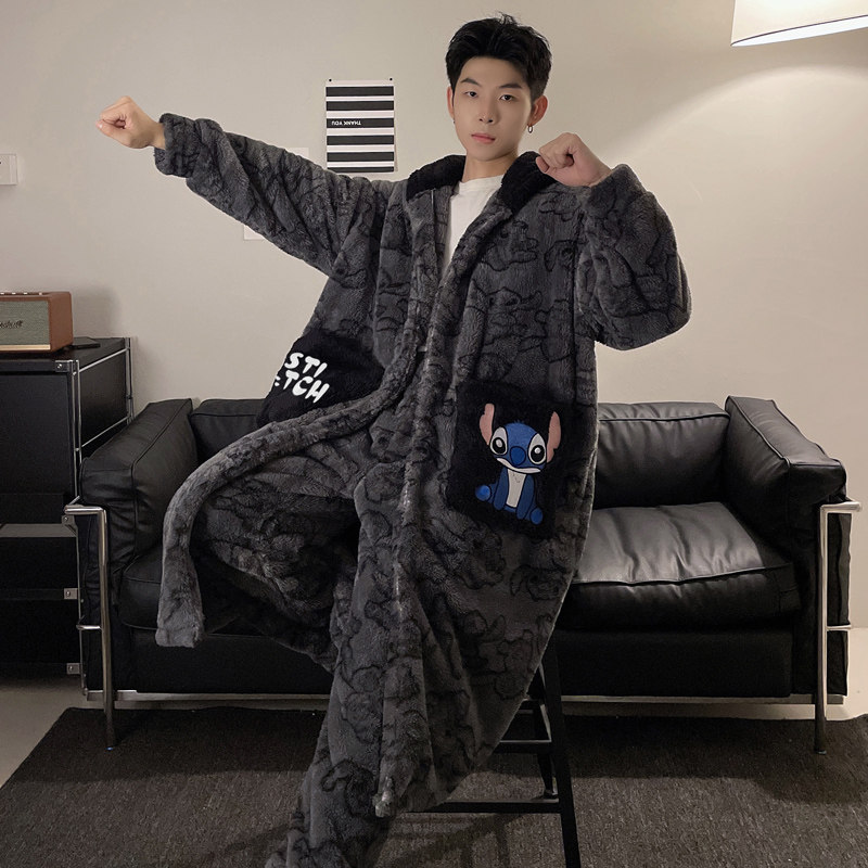 睡袍男秋冬季长款珊瑚绒加厚卡通男士睡衣浴袍男法兰绒家居服套装,淘宝优惠券,粉丝福利购,淘宝优惠卷