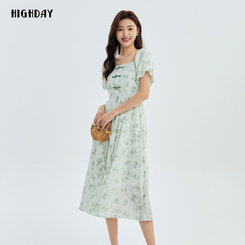 轩日2024夏装新款方领淡雅收腰印花裙女新中式修身泡泡袖连衣裙潮,淘宝优惠券,粉丝福利购,淘宝优惠卷