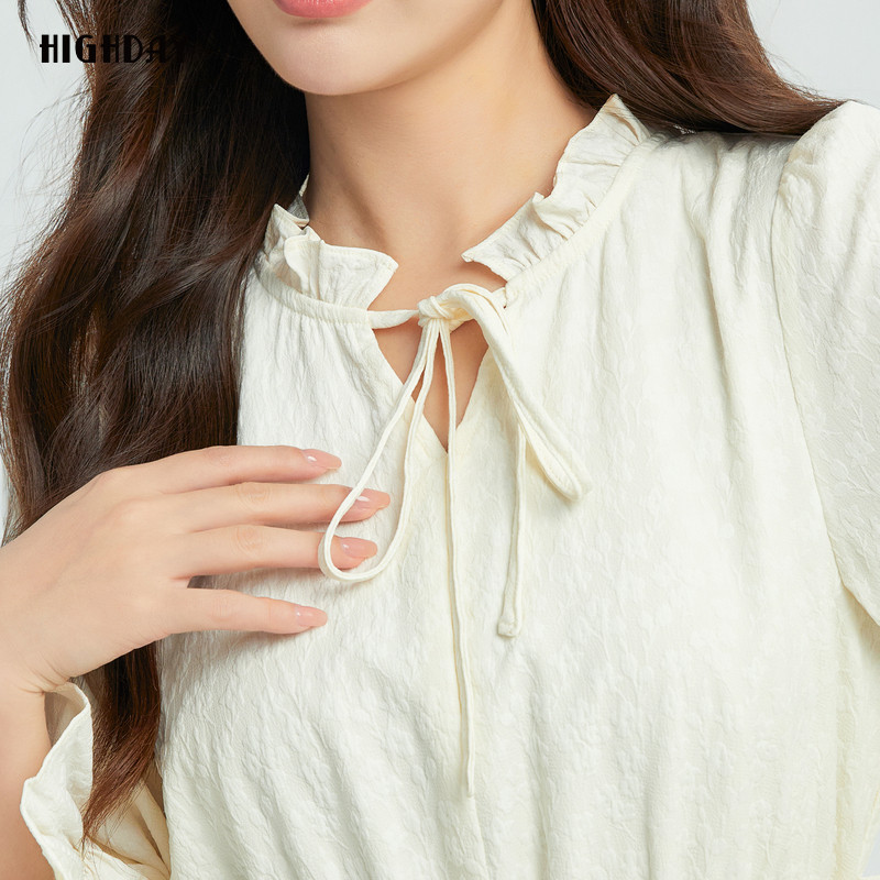 轩日24商场同款女装秋季新款白色木耳花边系带修身长袖连衣裙中长