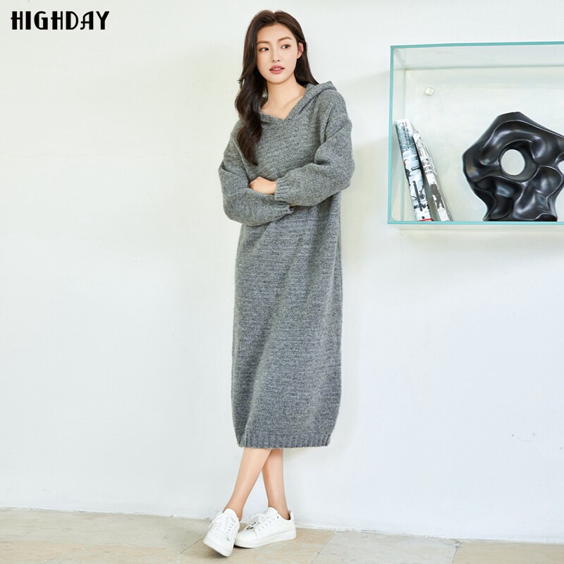 highday轩日2024冬季新款连帽中长卫衣裙女宽松针织长袖连衣裙ins