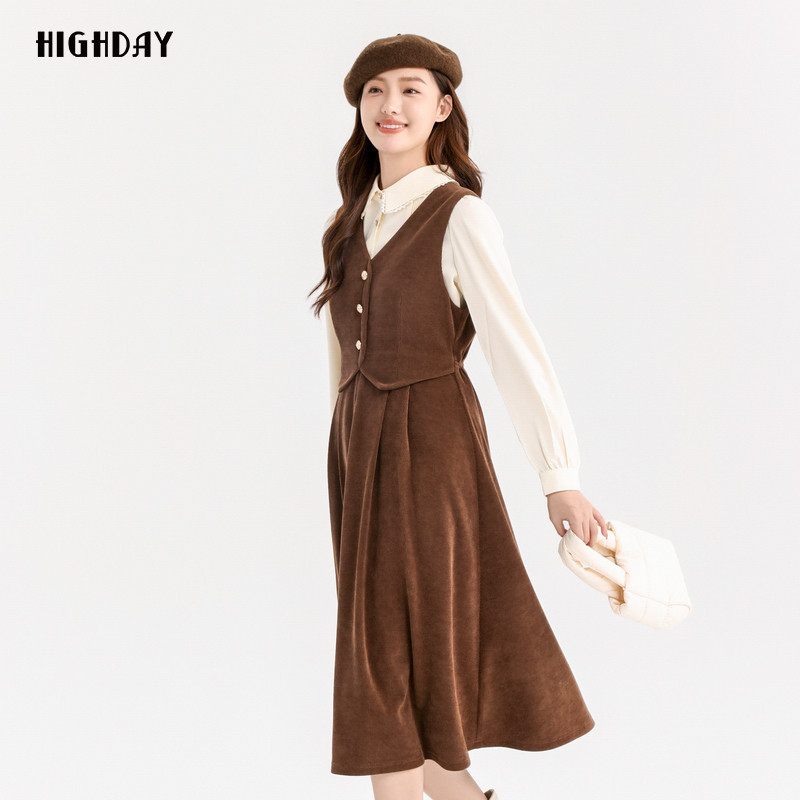 轩日2024冬季商场同款女装假两件修身背心裙复古英伦风无袖连衣裙