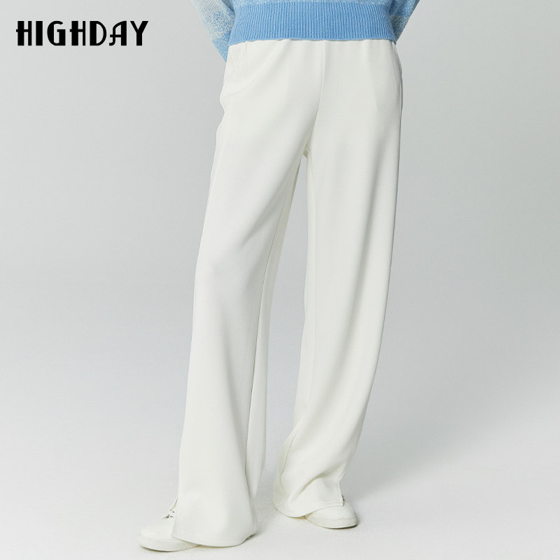 轩日2025商场同款女装高腰白色休闲裤女松紧腰开叉垂感直筒裤长裤