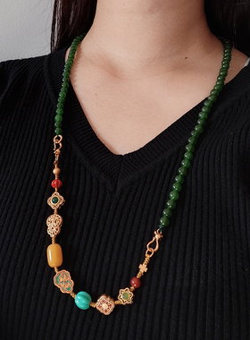 玉石项链祖母绿中式国潮毛衣链