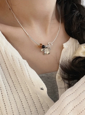 S925通体纯银黄水晶花朵项链国风设计感银管水晶拼接锁骨链叠戴女