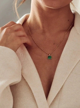 S925纯银方形天然石吊牌锁骨项链欧美ins风玛瑙孔雀石吊坠锁骨链