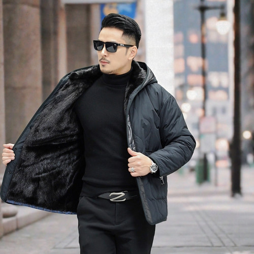 进口黑貂貂袖整貂内胆连帽皮草外套冬季新款男士短款派克服 - 图2