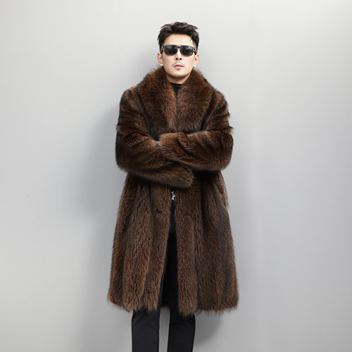 进口美洲浣熊过膝皮草大衣男士冬季高端皮毛一体青果领纽扣外套 - 图0