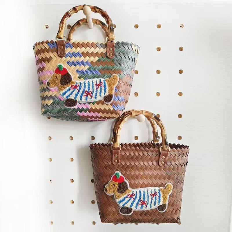 腊肠小狗菜篮子上班通勤包包手提包复古条纹编织竹节包防水手拎包,淘宝优惠券,粉丝福利购,淘宝优惠卷