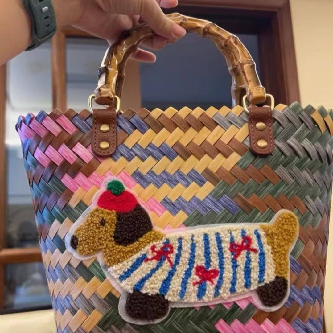 腊肠小狗菜篮子上班通勤包包手提包复古条纹编织竹节包防水手拎包,淘宝优惠券,粉丝福利购,淘宝优惠卷