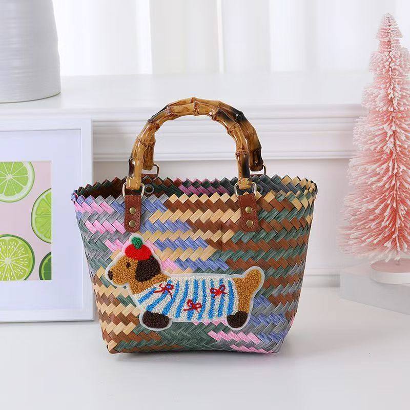 腊肠小狗菜篮子上班通勤包包手提包复古条纹编织竹节包防水手拎包,淘宝优惠券,粉丝福利购,淘宝优惠卷