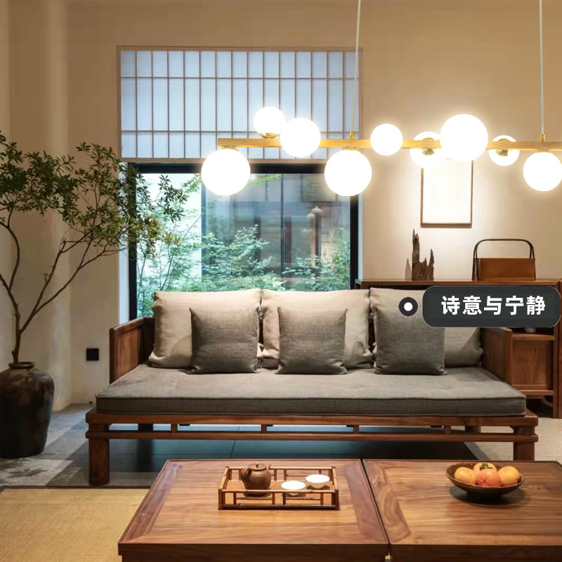 餐厅吊灯北欧胡桃木纹新中式餐桌饭厅复古日系吧台长条魔豆茶室灯_虎窝淘