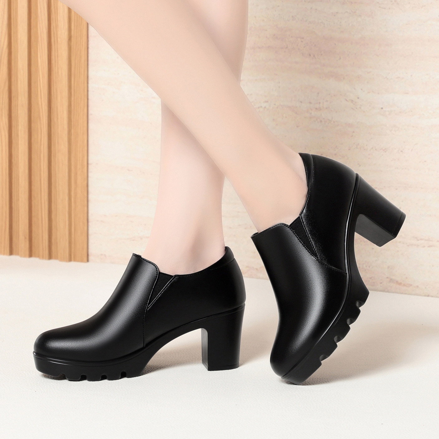 深口松紧带高跟鞋厚底一脚蹬单鞋圆头春秋女鞋粗跟防水台加绒皮鞋,淘宝优惠券,粉丝福利购,淘宝优惠卷