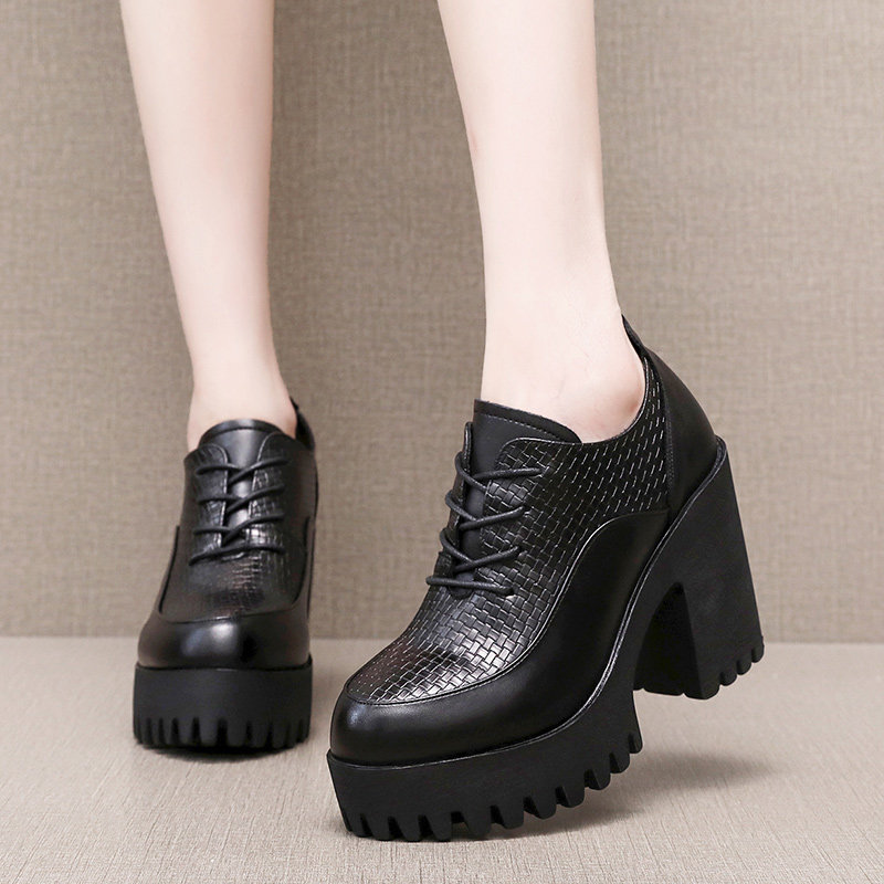 圆头超高跟鞋粗跟厚底防水台女鞋冬季加绒皮鞋深口系带单鞋四季鞋,淘宝优惠券,粉丝福利购,淘宝优惠卷