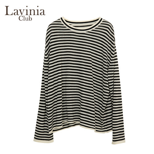 Lavinia秋新款黑白条纹软糯休闲圆领针织衫显瘦上衣A55Z109R - 图3