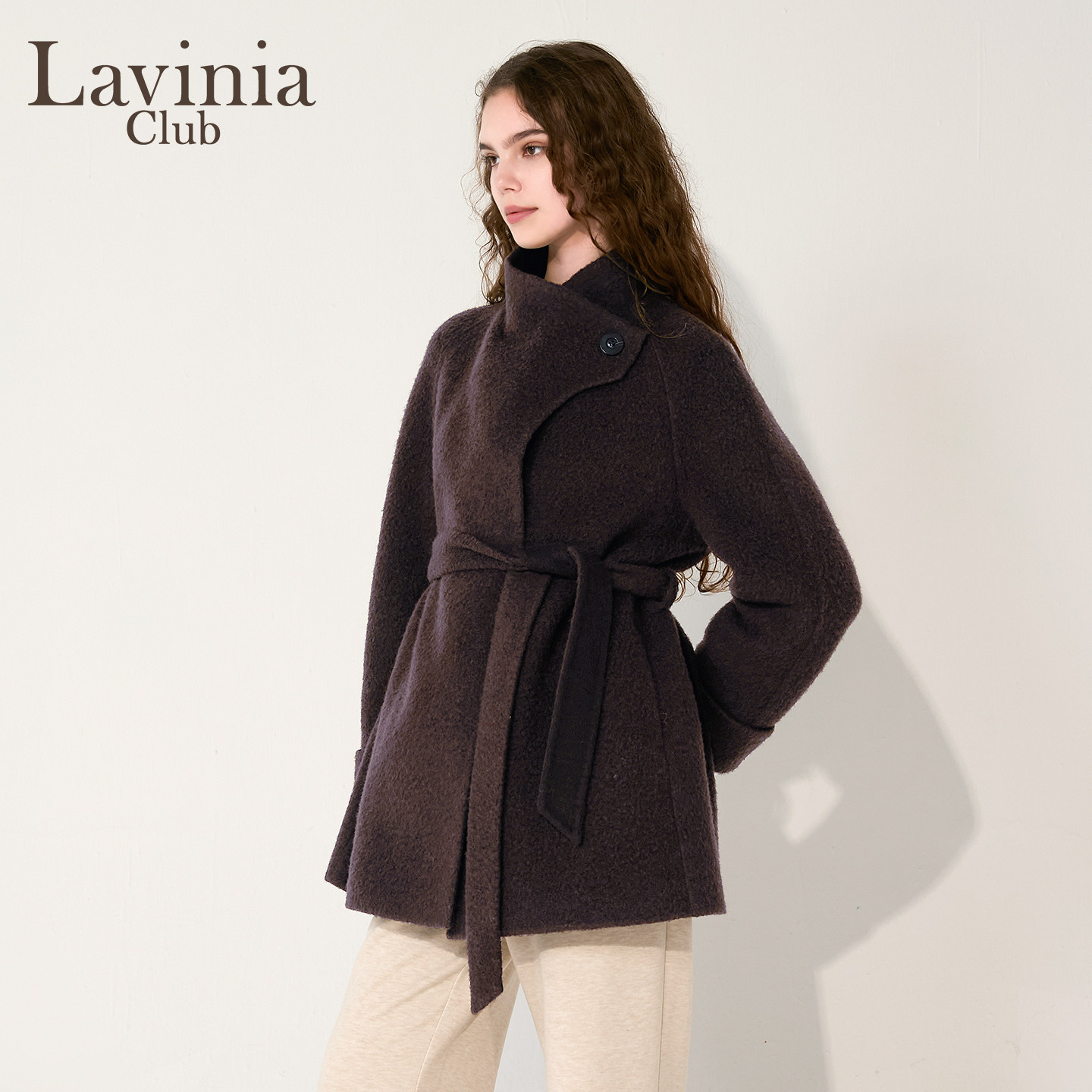 Lavinia2025年冬季新款简约大气系带中短款羊毛双面呢大衣外套女,淘宝优惠券,粉丝福利购,淘宝优惠卷