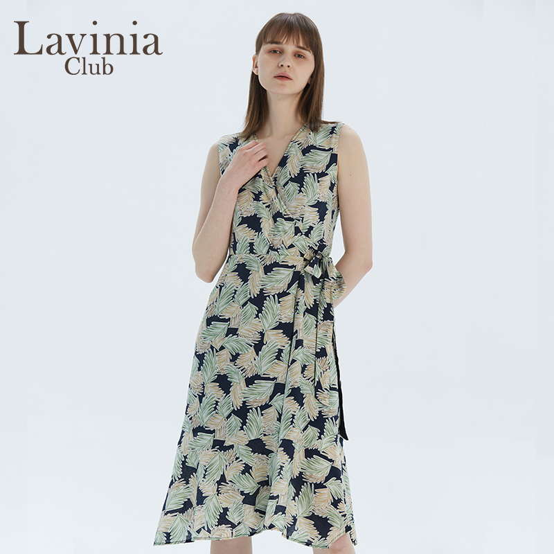 Lavinia Club拉维妮娅夏季新品藏蓝印花V领连衣裙中长款R13L79S-图3