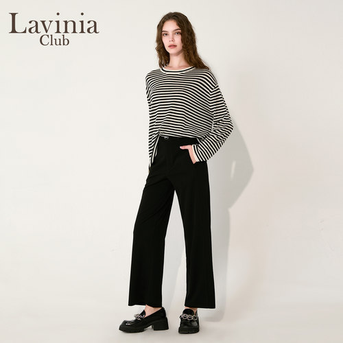 Lavinia秋新款黑白条纹软糯休闲圆领针织衫显瘦上衣A55Z109R - 图1