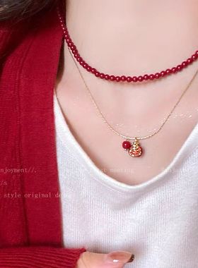石榴熟了~喜庆红色项链女款叠戴锁骨链高级感轻奢小众配饰毛衣链