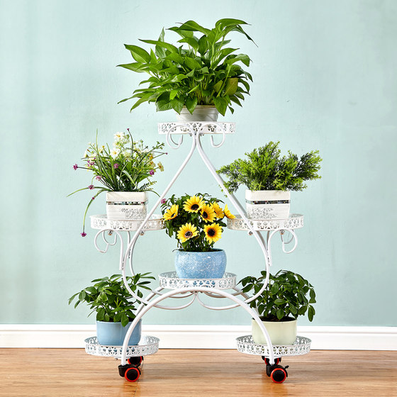 Iron mobile space-saving push-pull floor-standing flower stand with wheels