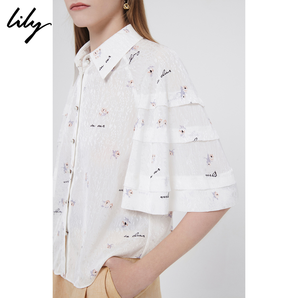 lily官方旗舰店Lily夏季新款女装复古港味提花碎花白色短袖小上衣雪纺衬衫2