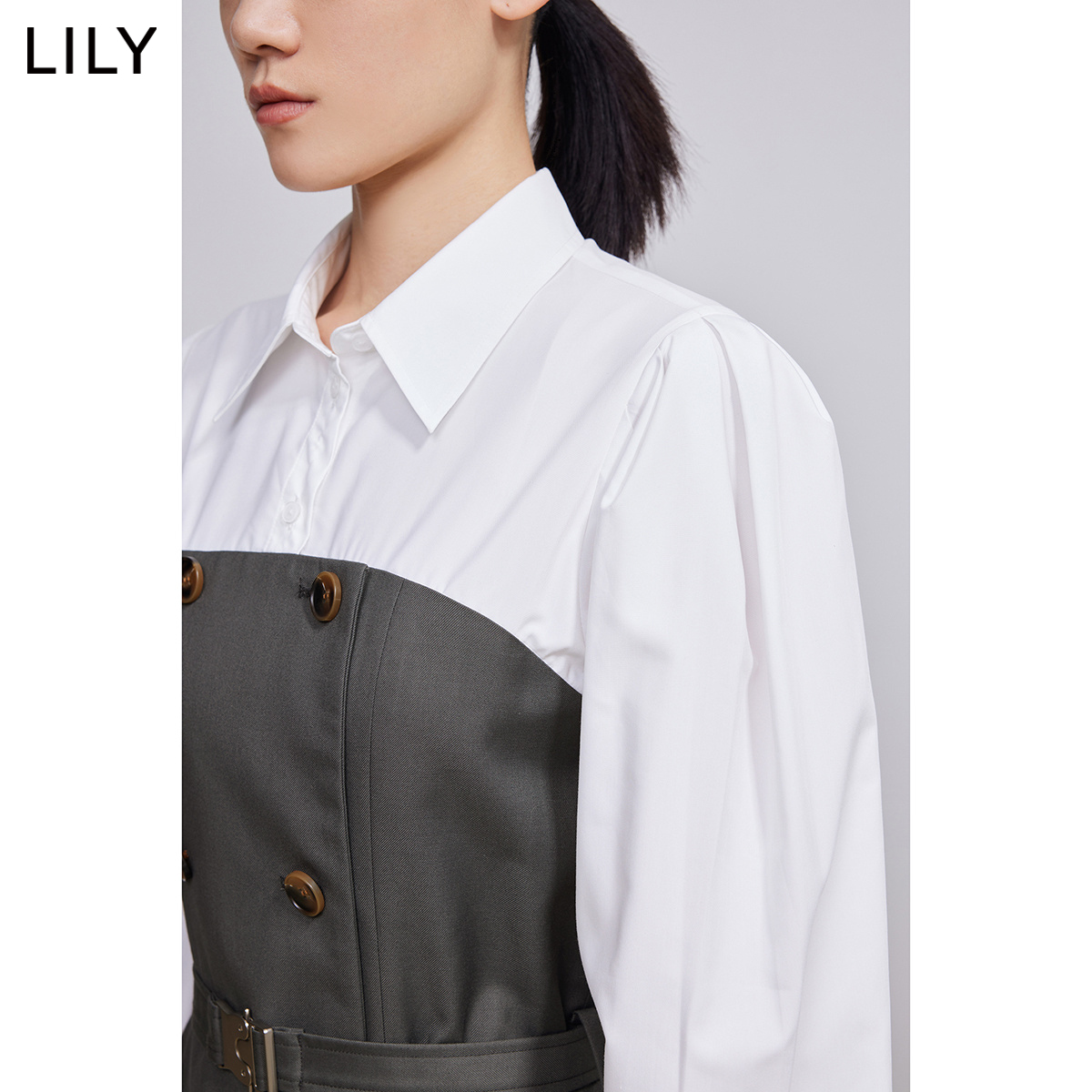 【商场同款】LILY2022春新款女装复古泡泡袖修身假两件衬衫连衣裙 - 图2