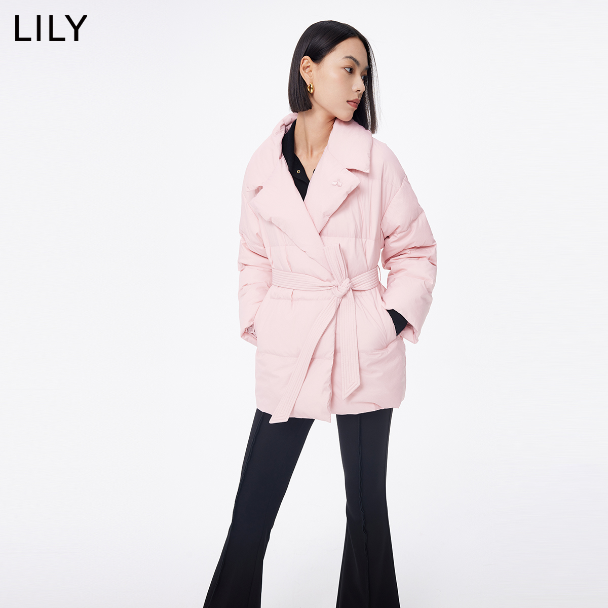 LILY2024春新款女装都市气质通勤款鹅绒时尚腰带西装式羽绒服外套-图2