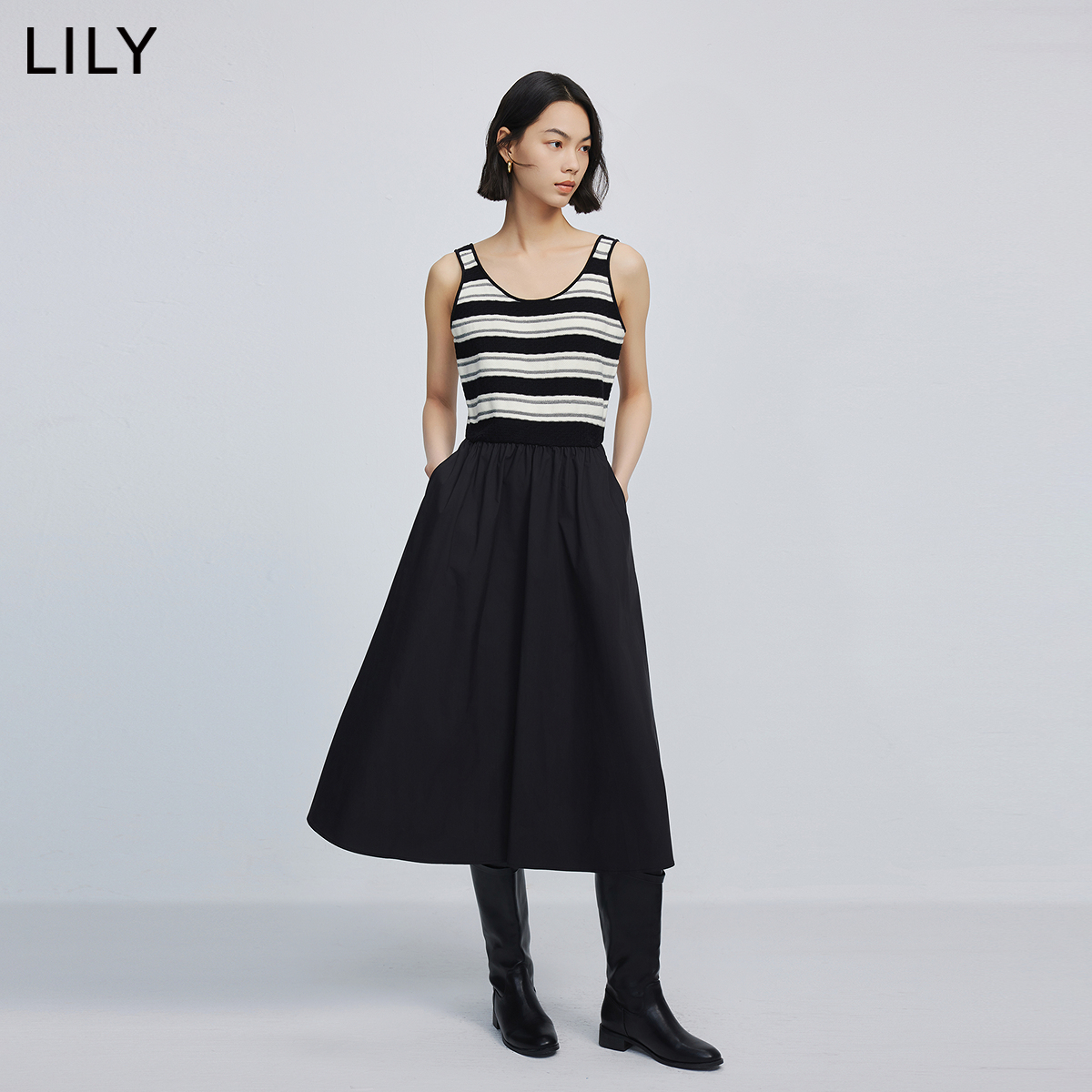 LILY2024春新款女装复古拼接条纹时尚通勤款优雅针织连衣裙小黑裙 - 图0